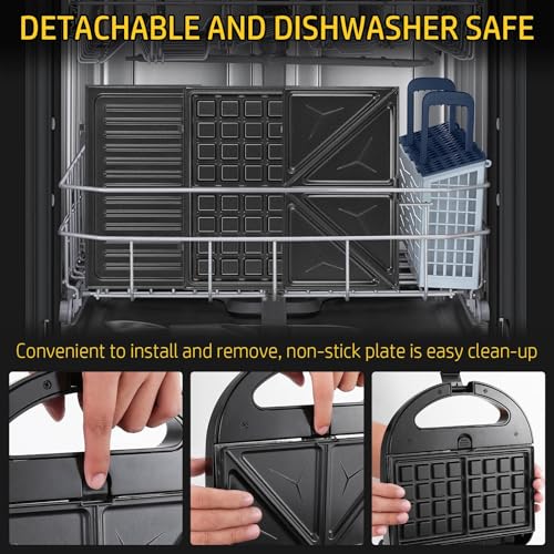 OSTBA 3-in-1 Sandwich Maker with Removable Plates, Panini Press, Waffle Maker, Non-Stick, 750W Compact Breakfast Grill for Sandwiches, Waffles, Steak, Black - style: ABS06