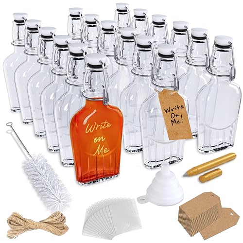 Nevlers 8.5 Oz Flask Flip Top Glass Bottle 18 PK Hip Flask for Men & Women | Limoncello Bottles with Stoppers , Shrink Wrap, Tags, Funnel, Marker & Brush | Swing Top Glass Bottles for Vanilla Extract