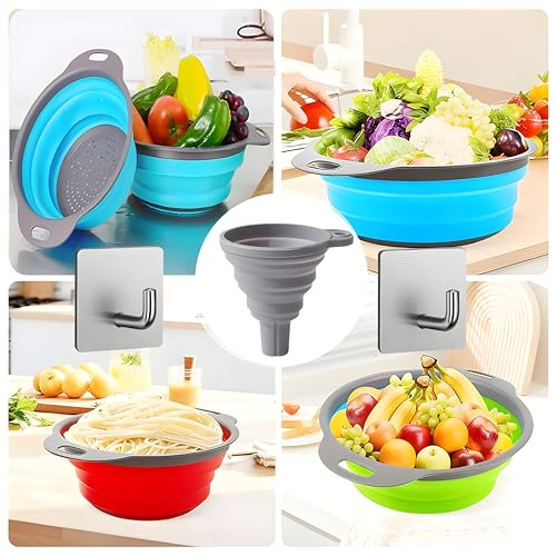UVB Collapsible Colander Set, Space-Saving Foldable Kitchen Strainer for Pasta, Vegetables & Fruit, Colander for Kitchen with 2 Stainless Steel Hooks & Silicone Funnel – Blue - color: Blue