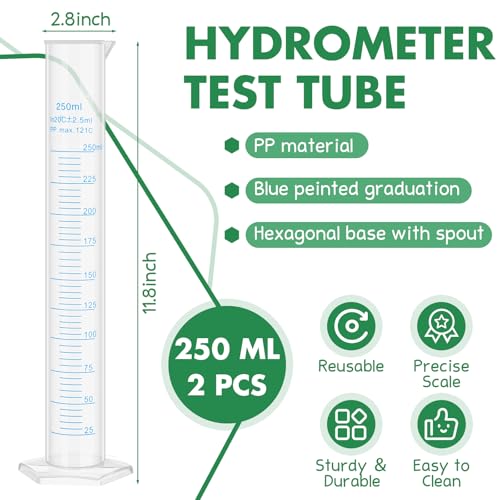 Affrolling 2 Pack 250ml Plastic Graduated Cylinder Hydrometer Test Tube Science Measuring Transparent Durable Lab Tube Milliliter Graduated Cylinder for Test Hydrometer Science Projects