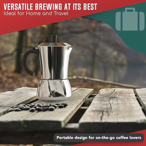 LuxHaus 3 Cup Moka Pot (2oz each cup - 6oz total) Stovetop Espresso Maker - Stainless Steel Italian and Cuban Mocha Coffee Maker - size: 3 Cup