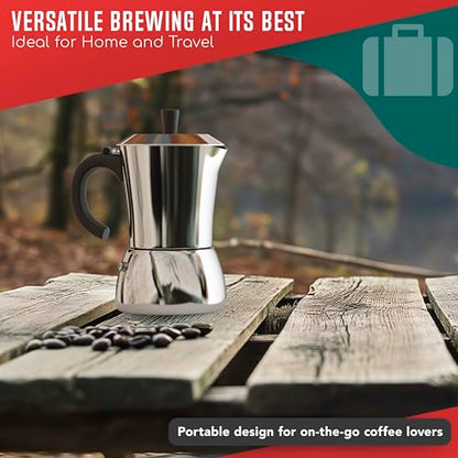 LuxHaus 3 Cup Moka Pot (2oz each cup - 6oz total) Stovetop Espresso Maker - Stainless Steel Italian and Cuban Mocha Coffee Maker - size: 3 Cup
