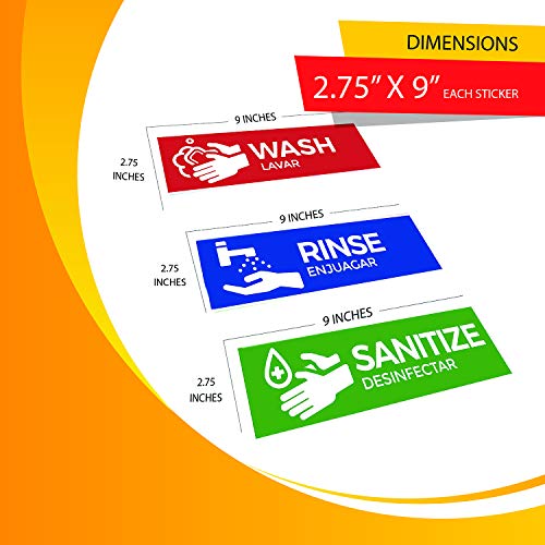 Wash, Rinse, Sanitize Labels for 3 Compartment Sink, 2.75″ x 9″ Perfect Sticker Signs for Restaurants, Commercial Kitchens, Food Trucks, Bussing Stations, Dishwashing or Wash Station (1 Pack)