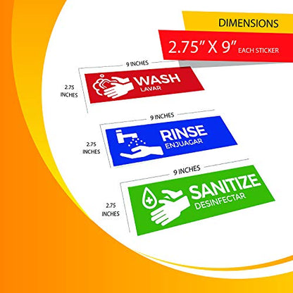 Wash, Rinse, Sanitize Labels for 3 Compartment Sink, 2.75″ x 9″ Perfect Sticker Signs for Restaurants, Commercial Kitchens, Food Trucks, Bussing Stations, Dishwashing or Wash Station (1 Pack)