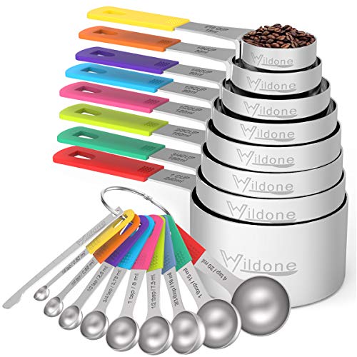 Wildone Measuring Cups & Spoons Set of 18 - Includes 8 Stainless Steel Nesting Measuring Cups, 9 Measuring Spoons, 1 Leveler, Ideal for Dry and Liquid Ingredients | Stainless Steel Kitchen Gadgets for Cooking & Baking, Heavy Duty for Measuring Dry/Liquid
