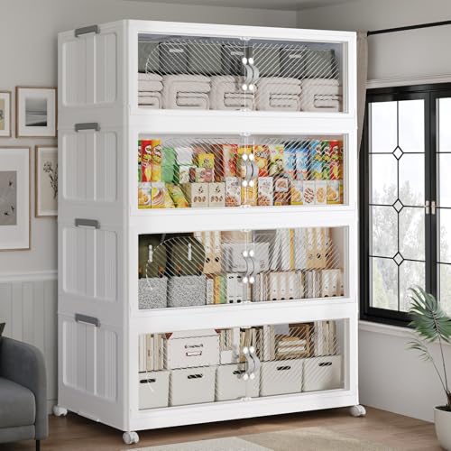 640QT Extra Large Stackable Storage Bins with Lid & Wheels & Doors, 160Gal Foldable Collapsible Closet Organizers, Plastic Cabinet Box Container Drawer for Home Kitchen Bedroom, 4Pack White - color: White, size: 160QT-4Pack