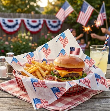 MADE IN USA 1,000 Sheets of Grease-Resistant Food Grade Waxed Kraft Deli Tissue Paper, 12" X 12" (USA Flag Print) - color: USA Flag Print