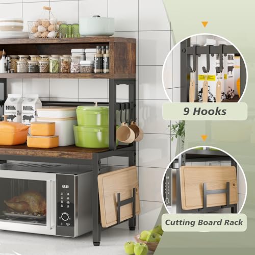 EnHomee 4-Tier Microwave Stand for Kitchen Storage, Brown | 205 lb Capacity, Adjustable Kitchen Shelves with 9 Hooks & Cutting Board Rack - color: Brown