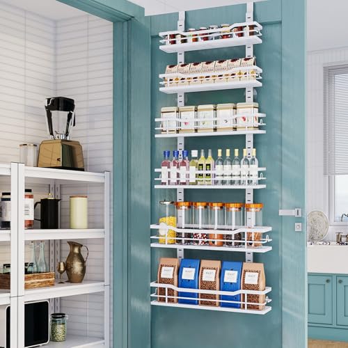 Eastherry Over The Door Pantry Organizer，6-Tier Over The Door Organizer with Adjustable Basket，Metal Hanging Pantry Organizers and Storage for Kitchen, Back of Door Seasoning Rack (White) - color: White, size: 6 Tier