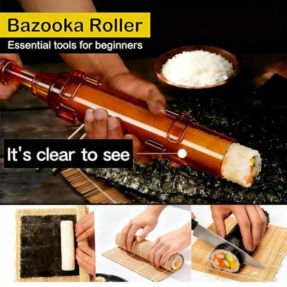 Sushi Making Kit – Clear Sushi Bazooka Roller & Bamboo Sushi Rolling Mat, Easy DIY Sushi Maker Tool Set for Beginners, Homemade Sushi Rolls for Kitchen & Party (Clear Amber) - color: Clear Amber