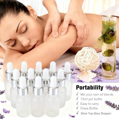 PrettyCare 24 pcs，Eye Dropper Bottle 0.5 oz（ 15 ml Frosted Glass Bottles with Silver Caps, 2 Extra Measured Pipettes, 48 Labels, 2 Funnels Empty Tincture Bottles for Essential Oils - color: 0.5oz Frosted, style: 24 Pack