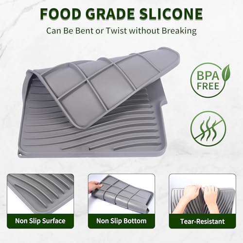 Silicone Dish Drying Mat 16x13,Food-Grade Silicone,Easy Clean Pad for Countertop Protection,Heat Resistant,Easy Clean,Non-Slip Drain Pad with Built-in Drain,Multi-Functional Use,Grey - color: Gray, size: 16" x 13"