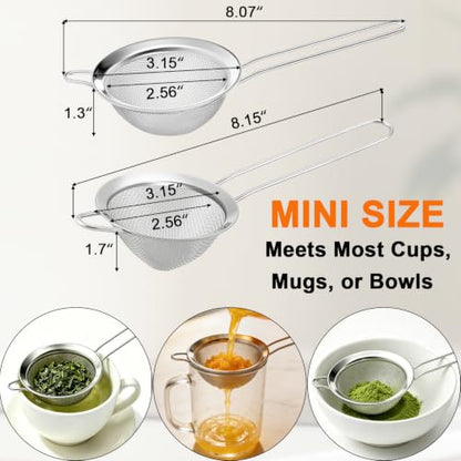 Small Fine Mesh Strainer Set, Stainless Steel Mini Sieve, Bar Strainer for Cocktail, Juice, Coffee, Tea Strainer for Loose Leaf Tea, Mini Sifter for Matcha, Flour, 2 PCS | 3.15 In Mini Strainer, for Cocktails, Loose Tea, Juice, Fits Most Cups and Mugs