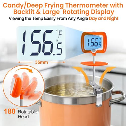 Deep Fry Thermometer - Digital Candy/Candle/Meat Thermometer with Rotatable Large Display, 10'' Long Probe, Programmable Instant Read for Oil Cooking (Orange) - color: Orange