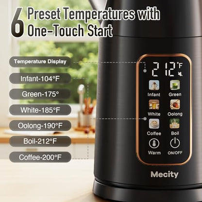 Mecity Electric Kettle 1.7L Touch Screen Temperature Control Water Boiler, No Plastic Contact with Water. 6 Preset Temperature Programs, 2 Hours Keep Warm, Black - color: Black & Rosegold