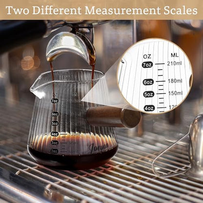 Joeyan Espresso Measuring Cup, 7oz Clear Espresso Shot Cups with Wood Handle, Ribbed Glass Measuring Cup with Spout and Double Scale, Milk Frothing Pitcher, Espresso Machine Coffee Bar Accessories - color: Clear espresso cup