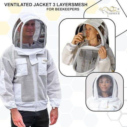 Beekeeping Ventilated Jacket 3 Layers Mesh for Beekeepers, Bee Suit Jacket with 2 Hoods Fencing & Round Brim Hat (8X-Large) - size: 8X-Large