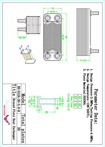 Brazed 30-Plate Heat Exchanger and Wort Chiller - Gas Type Fitting 12.8mm - Copper Brazed Wort Chiller - Stainless Steel Beer Chiller