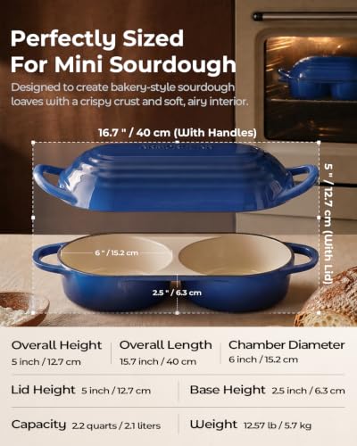 Sourdough Bread Baking Kit with Double Loaf Cast Iron Bread Pan, Blue | Bakes two mini loaves at once with banneton proofing baskets included - color: Blue, size: Double Bread Oven & Baking Kit