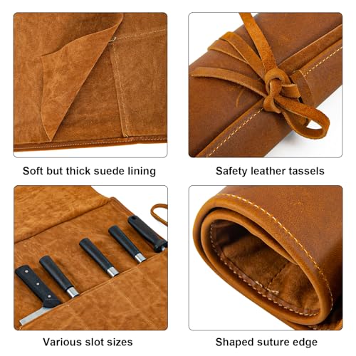 Knife Roll Bag Genuine Leather,Chefs Professional 5 Knives and Cookware,Perfect for The Traveling Chef,Travel Tool Roll Pouch,No Tools Included - color: 5 Slots brown