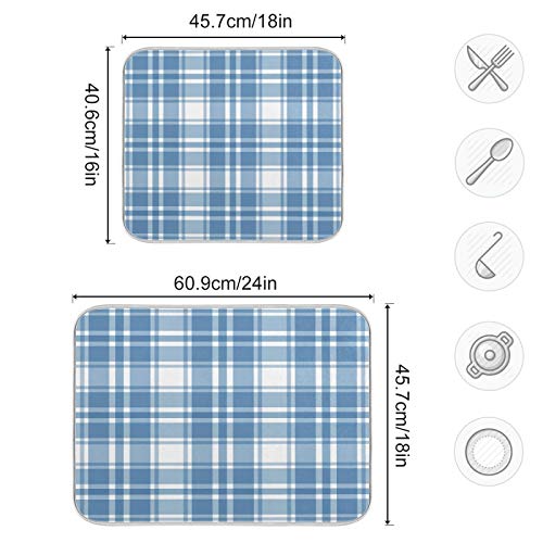 Microfiber Dish Drying Mat, Buffalo Check Plaid Absorbent Dish Drying Rack Pads Kitchen Counter Mat 18Inch X 24Inch Blue White Tartan Pattern Checkered Heat Resistant Sink Mat Dish Draining Mat - color: Plaid, size: 18x24in