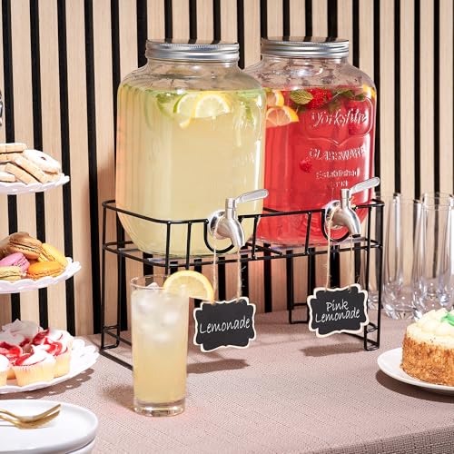 FineDine Glass Drink Dispenser with Stand & Stainless Steel Spigot – 1 Gallon drink dispensers for parties, glass beverage dispenser Set, punch bowl for Lemonade, Juice, 2 Pack - color: Clear