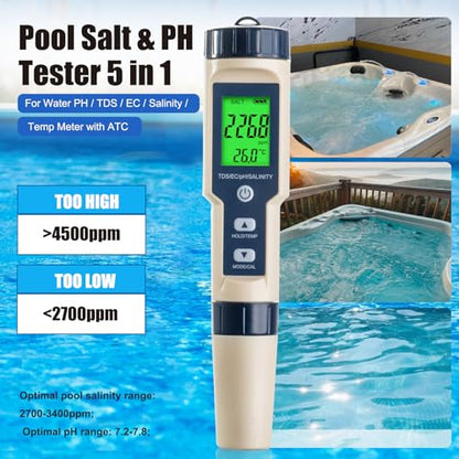 Pool Salinity Tester & pH Meter,Digital 5-in-1 Water Meter (Salt, pH, Temp, EC and TDS) -High Accuracy, Suitable for Swimming Pools, Hot Tubs, Aquariums,Hydroponics and Drinking Water