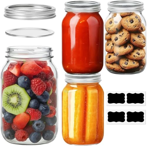 ComSaf Wide Mouth Mason Jars 32 oz with Lids 4 Pcs, Quart Mason Jars with Seal Band, Large Glass Jar, Big Canning Containers for Pickles, Jams, Sauces, Salsa, Sourdough, Juice, Suntea, Food Storage - size: 32oz wide mouth 4PCS