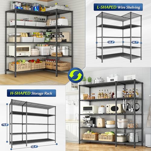Romorgniz 70.8" H Storage Shelves, 5-Tier Metal Shelving 1200 High-Load Heavy Duty Wire Shelving, Adjustable Metal Shelves-L Shaped Wire Shelving Units for Kitchen Garage Pantry, 52.36" W x13.78 D - size: 13.78"D x 52.36"W x 70.8"H