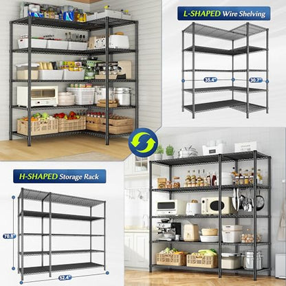 Romorgniz Storage Shelves, 1200 Load Heavy-Duty & L-Shaped, for Kitchen | 5 Tier shelf 52.36" W,Waterproof & rust-resistant,flexible L/H shaped,Tool-free Assembly, Adjustable shelves,Pantry shelf - size: 13.78"D x 52.36"W x 70.8"H