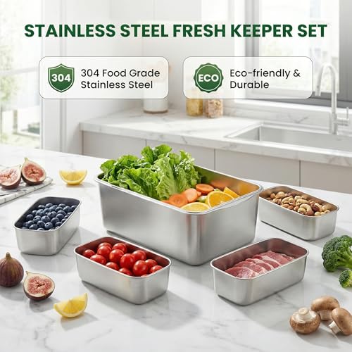 Extra Large 304 Stainless Steel Food Storage with 6 Divided Compartments & Individual Lids–240oz Meal Prep Container for Roasting Turkey, Bread, Fruits–Oven Safe, BPA Free, Dishwasher Safe - size: 7000ml + 6 Small Containers Set