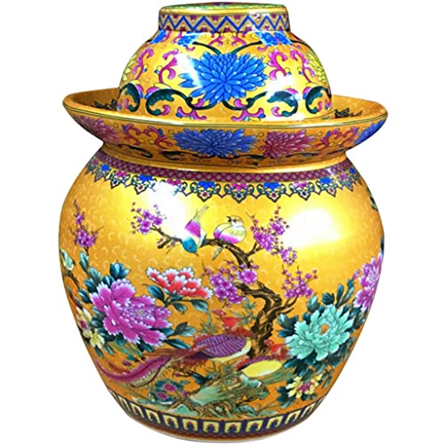 Fermentation Crock Jar Chinese Classical Flower Pattern Decoration Pickle Jar, Water Sealed Beet Cucumber Kimchi Jar, Jingdezhen Ceramics Handmade Artwork (Color : Gold, Size : 7kg/246.9oz) - color: Gold, size: 7kg/246.9oz