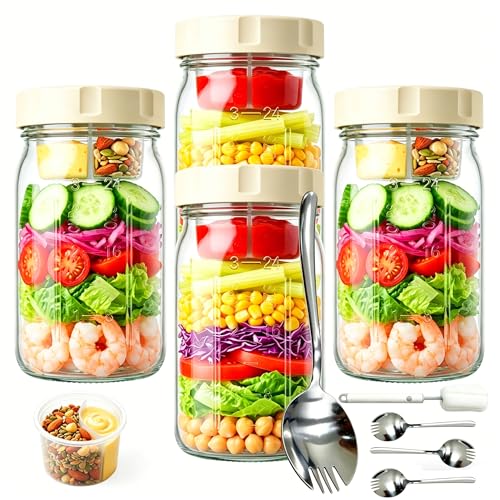 4 Pack Glass Salad Jars with Lids Meal Prep, 32oz Meal Prep Glass Salad Jars with 4 Stainless Steel Forks Wet/Dry Dressing Cups for Home, Office and Outdoor, 32oz Mason Jars
