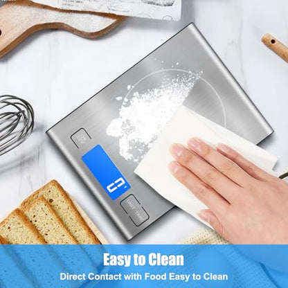 33lb Rechargeable Food Scale, Diyife 304 Stainless Steel Digital Kitchen Scale, 7.5 * 5.5 in Weight Grams and Ounces for Baking, Cooking, 5 Units with Tare Function, LCD Display, 2 AAA Batteries - color: Silver