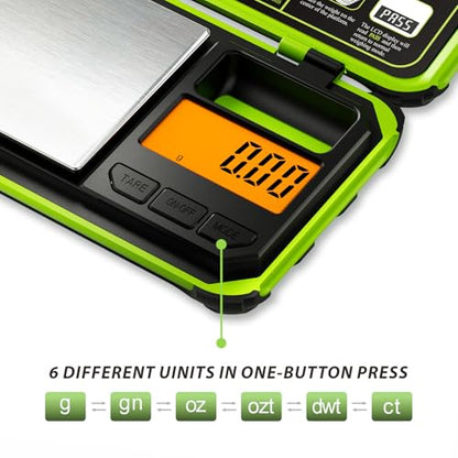 Precision Pocket Scale, 200gx0.01g Jewelry gram Scale, Digital Food Scale with LCD Display, one-Click Conversion 6 Units, Mini Scale for Weed/Kitchen/Powder/herb/Coins(Battery Included) - color: Fluorescent green