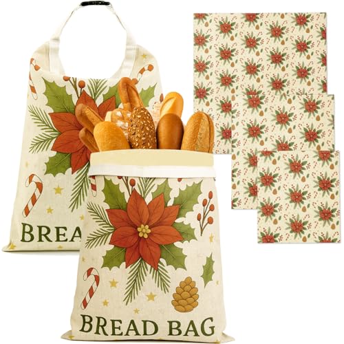 5PCS Christmas Beeswax Bread Bags Set – 2 Reusable Bread Bags + 3 Wax Paper Sheets,Eco-Friendly Beeswax Wraps for Food,Homemade Sourdough,Cheese,Snacks & Fruit,Holiday Gift for Bakers Kitchen Lovers - color: Bread Bags-Christmas
