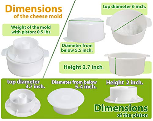 PetriStor Cheese Mold for Cheese Making Cheese with Follower Piston 1.3QT and Cheesecloth - Cheese Form Mold - Cheese Making Basket - Paneer Cheese Press Mold - Molde Para Queso