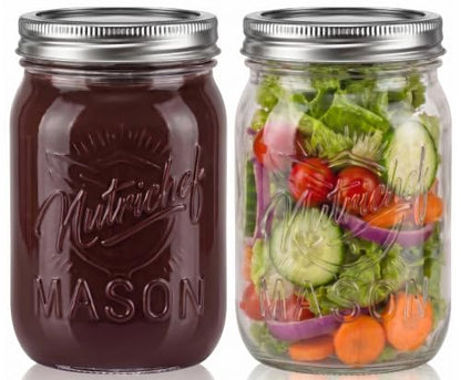NutriChef 2-Pack 16 oz Mason Jars with Lids - Thick Glass Canning Jars with Stainless Steel Lids - Ideal for DIY Spices, Meal Prep, Overnight Oats, Jelly, Jam, Honey, Candles, Crafts, & More - style: 2 Pack