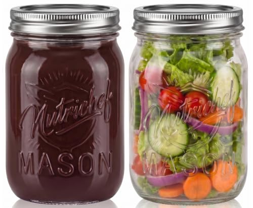 NutriChef 2-Pack 16 oz Mason Jars with Lids - Thick Glass Canning Jars with Stainless Steel Lids - Ideal for DIY Spices, Meal Prep, Overnight Oats, Jelly, Jam, Honey, Candles, Crafts, & More - style: 2 Pack