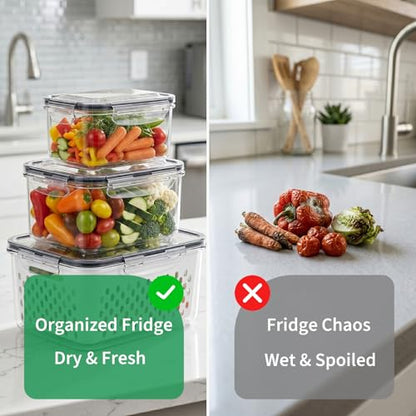 Vegetable Containers for Fridge, Stay Fresh Fruit Vegetable Storage Containers with Lid and Removable Colander, Stackable Vegetable Storage for Berry Salad Lettuce Vegetables Meat Various Food, 3PCS