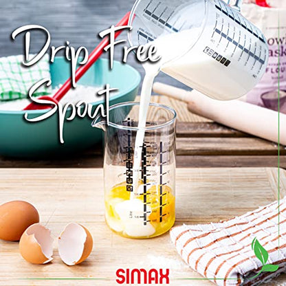 Simax Glass Measuring Cup, Durable Borosilicate Glass, Pack of 2 includes 32 oz and 16 oz Easy to Read Metric Measurements in Liter, Milliliter, Ounce, Sugar Grams, Drip Free Spout, Microwave Safe - size: 2-Pack: 32 Ounce and 16 Ounce