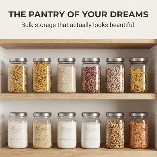kitchentoolz 1 Gallon Glass Jar with Lid - Extra Large Mason Jar Wide Mouth with Airtight Metal Screw On Lid - Square Glass Storage Container with Measurements for Flour, Sugar, Cookies & Pickling