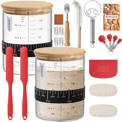 RYTOXILO Sourdough Starter Jar Kit, 50 Oz Glass Large Sour Dough Jars Wide Mouth for Beginners, 10 Pcs Bread Starter Container Set with Bamboo Lid, Sourdough Jar with Bread Baking Supplies Accessories - size: 2 Jars+8 Accessories