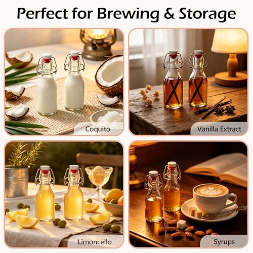 KEYWING 28 Pack 4oz Swing Top Glass Bottles with Airtight Lids, Small Flip Top Glass Bottles for Vanilla Extract, Syrups, Limoncello, Coquito, Mead, Hot Sauce & Infused Oils - size: 4oz 28 pack