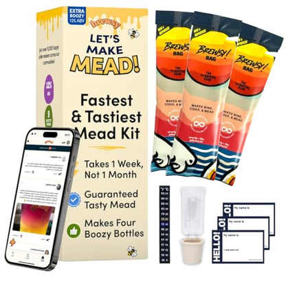 Brewsy Starter Kit for Mead Making - Custom Mead Kit - 4 Bottles in 9 Days - Use Any Juice - color: Mead