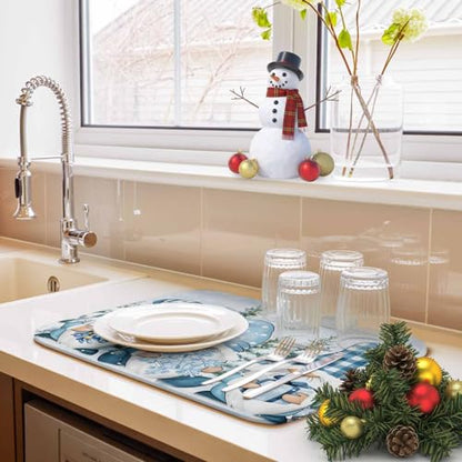 Blue Gnomes Christmas Dish Drying Mat for Kitchen Counter, Microfiber Dishes Drainer Mat Rack Pad, Xmas Tree Snowflake Gifts Absorbent Dish Bottle Drying Mats, 16''x18'', 2 Pack - size: 2PCS-16x18in