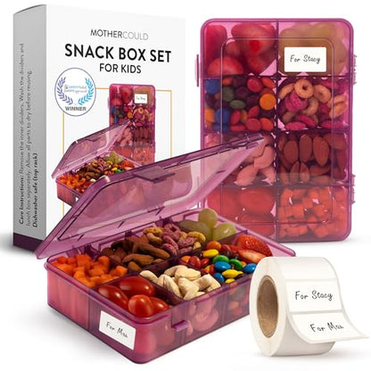 Snack Box Containers Set of 2-Reusable,100 Dissolvable Labels, 8 Adjustable Compartments, Dishwasher Safe, BPA-Free, Meal Prep Container, PARENT TESTED PARENT APPROVED AWARD (2 Pack) (Purple) - color: Purple, size: Small