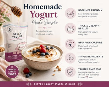 Cultures for Health Greek Yogurt Starter Culture | 2 Packets Dehydrated Heirloom Style DIY Probiotic Yogurt | Delicious for Smoothies, Granola and Berries, Tzatziki, Soup, & Other Healthy Snacks