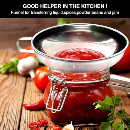 Walfos 5.5 Inch and 4 inch Stainless Steel Wide-Mouth Funnel with Handle for Wide and Regular Mason Jars Canning Jars,Wide Mouth Funnels for Kitchen Use Transferring Liquid and Dry Ingredients! - color: 2pcs Wide Funnels