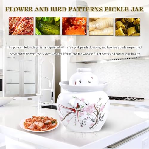 Peach Blossom and Bird Pattern Pickle Jar, Jingdezhen Porcelain with Ink Painting, Double-lid Fermentation Crock, Water-Sealed Ceramic Kimchi Jar(3.5kg/123.4oz) - size: 3.5kg/123.4oz